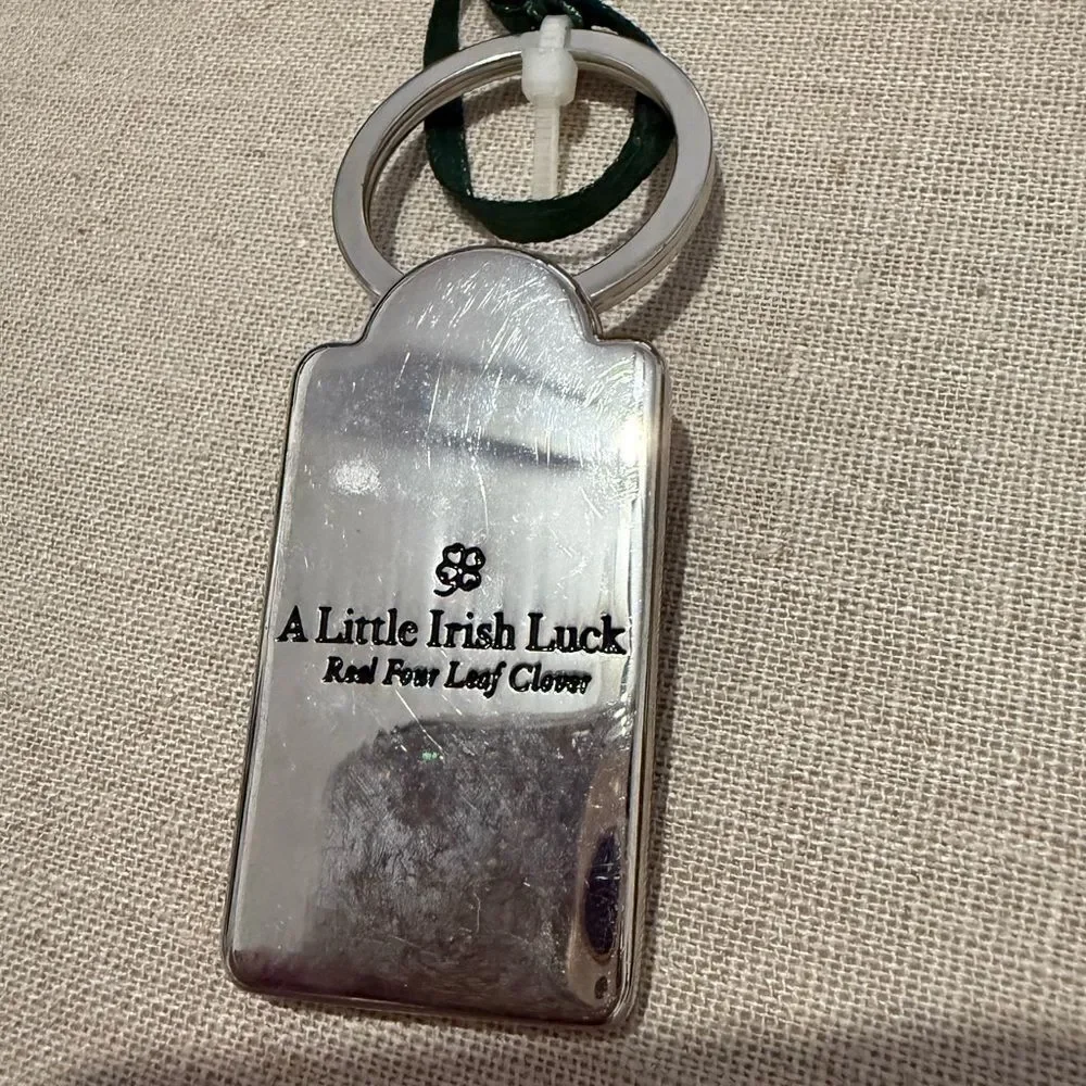 Lucky Irish Friend Keychain with Real Four Leaf Clover & Green Gemstones